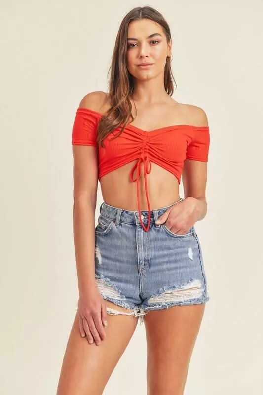 Bailey Red Drawstring Off-the-Shoulder Crop Top | Boho Pink