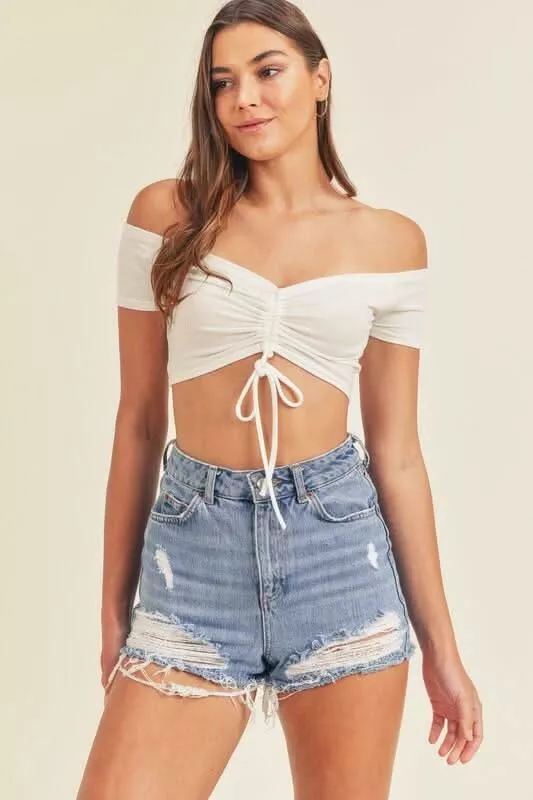 Bailey White Drawstring Off-the-Shoulder Crop Top | Boho Pink