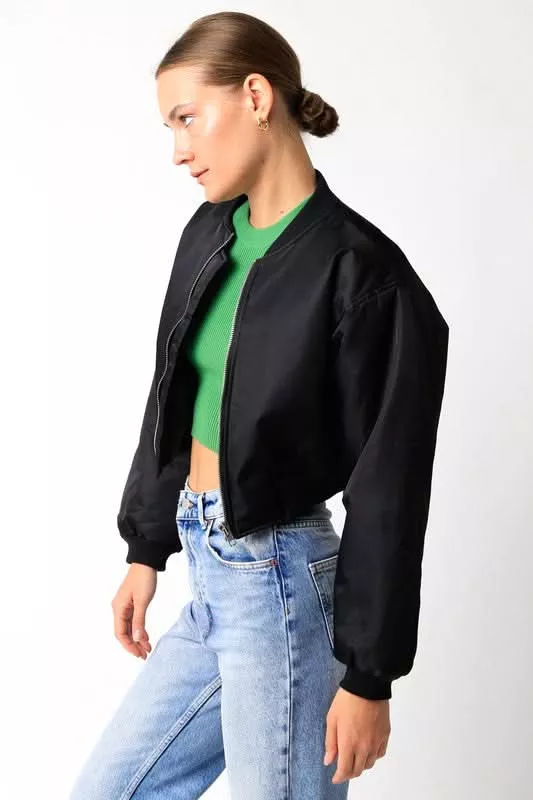 Be Back Black Satin Cropped Bomber Jacket | Boho Pink