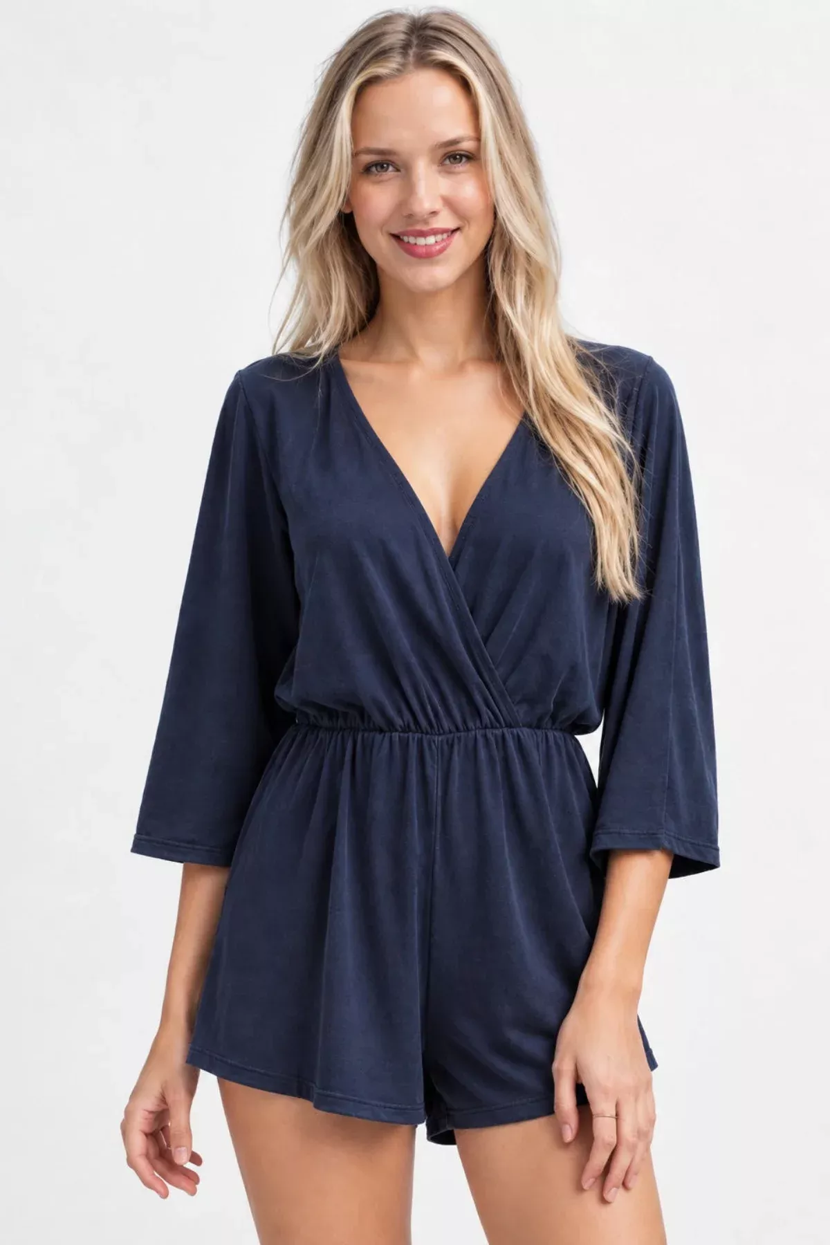 Be Bashful Vintage Blue Wrap Romper | Boho Pink