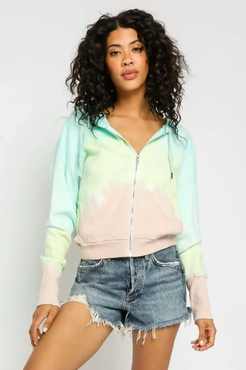 Be Chill Rainbow Tie-Dye Zip-Up Hoodie Cropped Hoodie | Boho Pink
