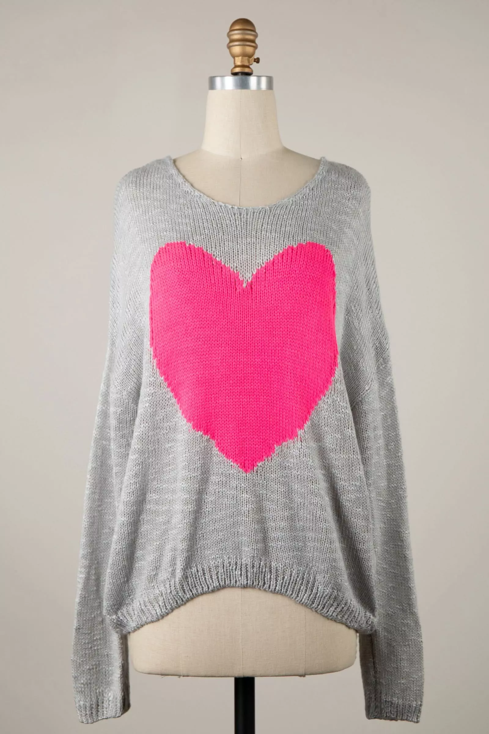 Be Mine Grey Sheer Heart Sweater | Boho Pink