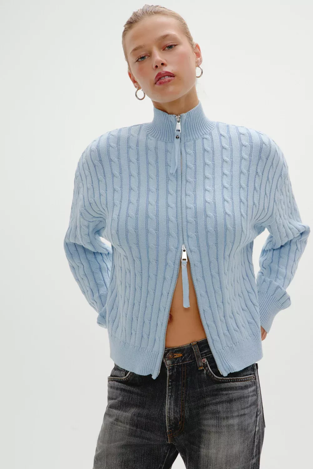 Bea Cable Knit Zip Up Sweater - Daydream