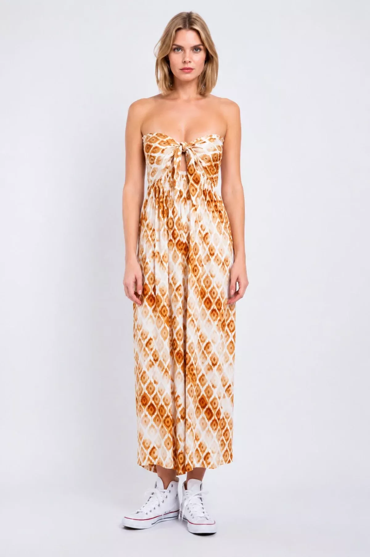 Beach Sunset Orange Print Strapless Jumpsuit | Boho Pink