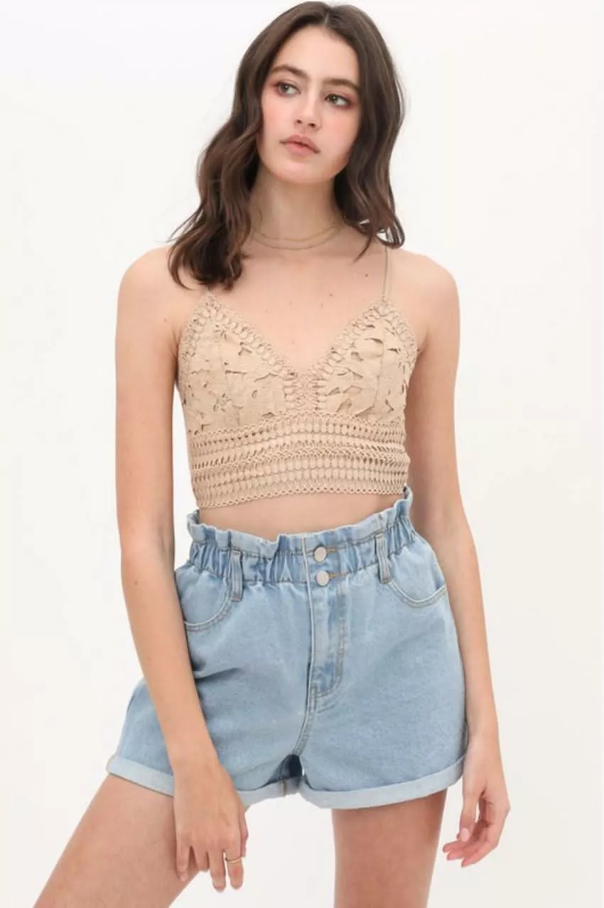 Becca Khaki Crochet Lace Crop Top | Boho Pink