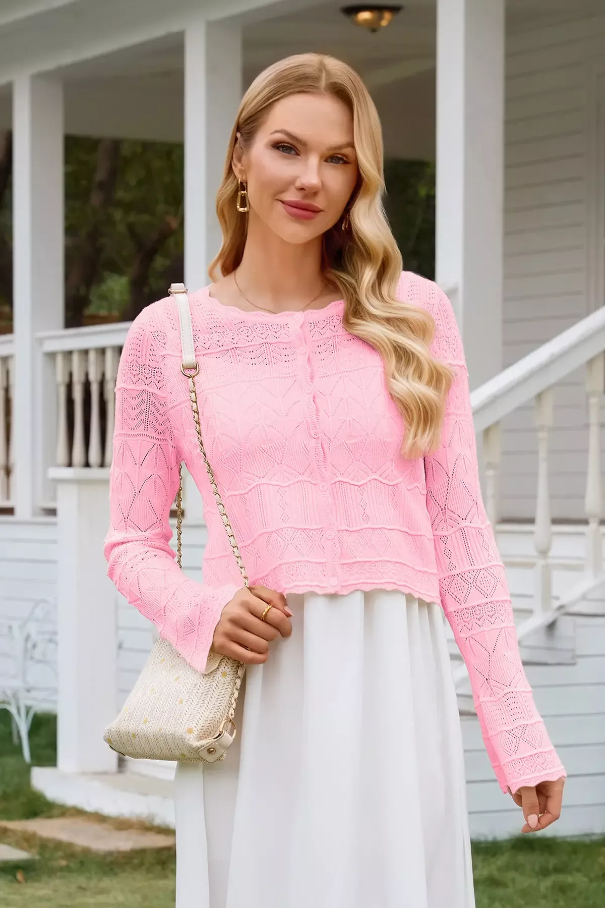Bell Long Sleeve Crochet Cropped Cardigan