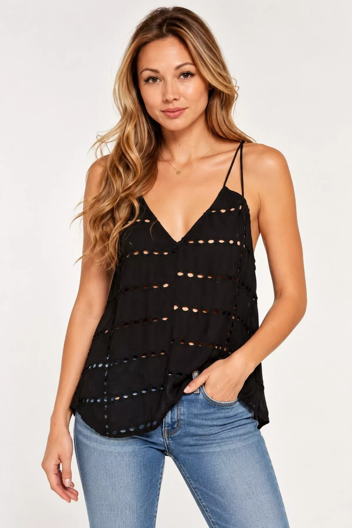 Beth Black Eyelet Sleeveless Top | Boho Pink