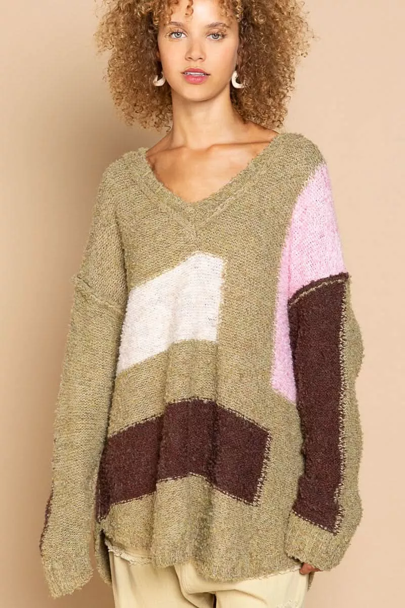 Betty Green Colorblock V-Neck Sweater | Boho Pink