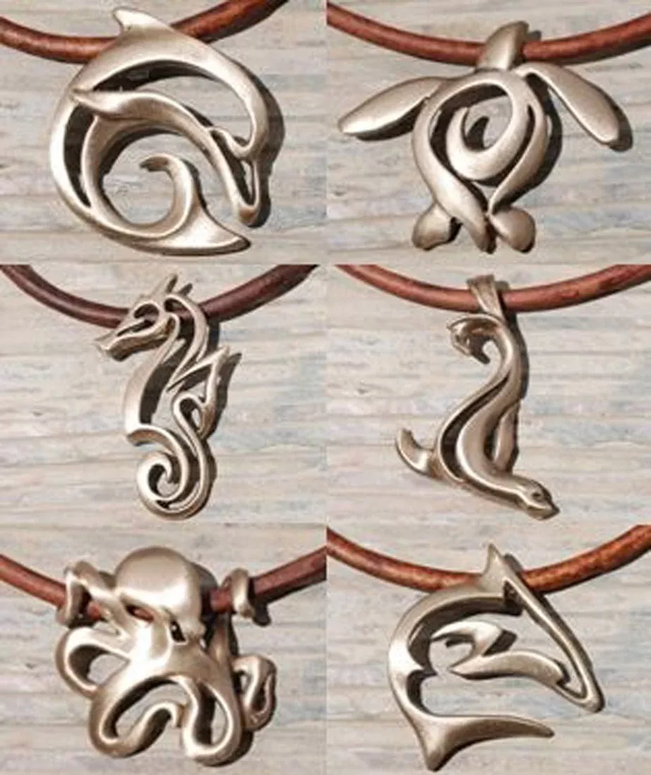 Big Blue Aquatic Bronze Pendants on 18in Brown Leather Cord