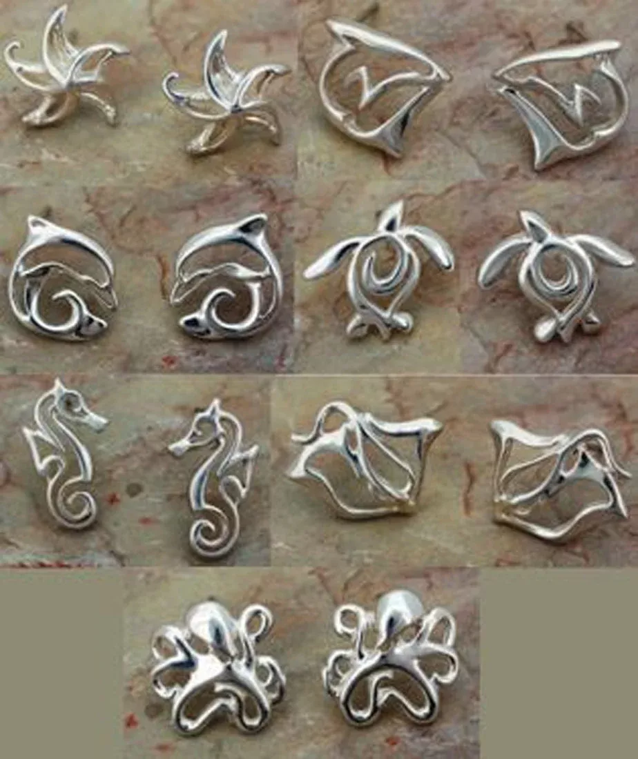 Big Blue Aquatic Sterling Silver Post Earrings Ocean Theme