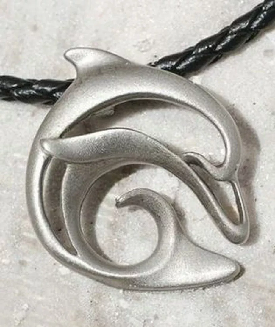 Big Blue Contemporary Pewter Dolphin Pendant on 18in Black B