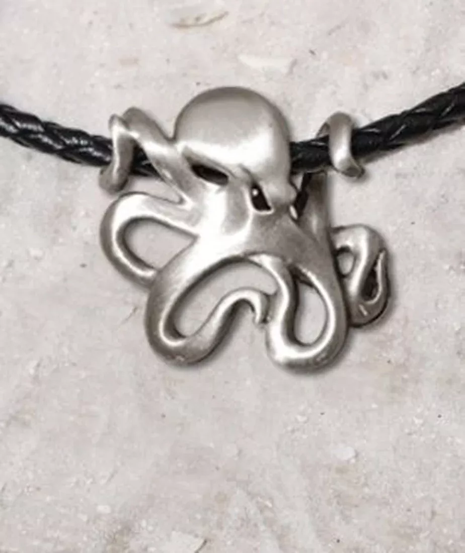 Big Blue Contemporary Pewter Octopus Pendant on 18in Black B