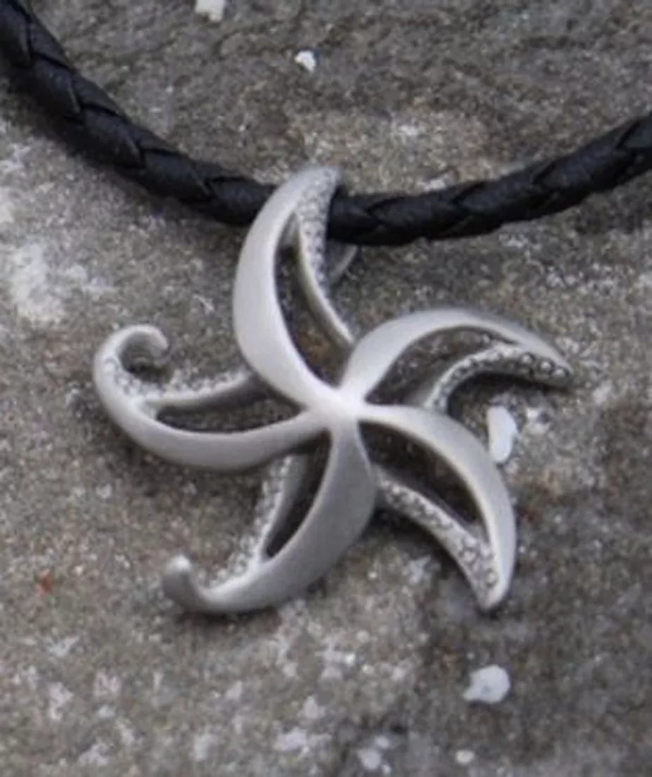 Big Blue Contemporary Pewter Starfish Pendant on 18in Black
