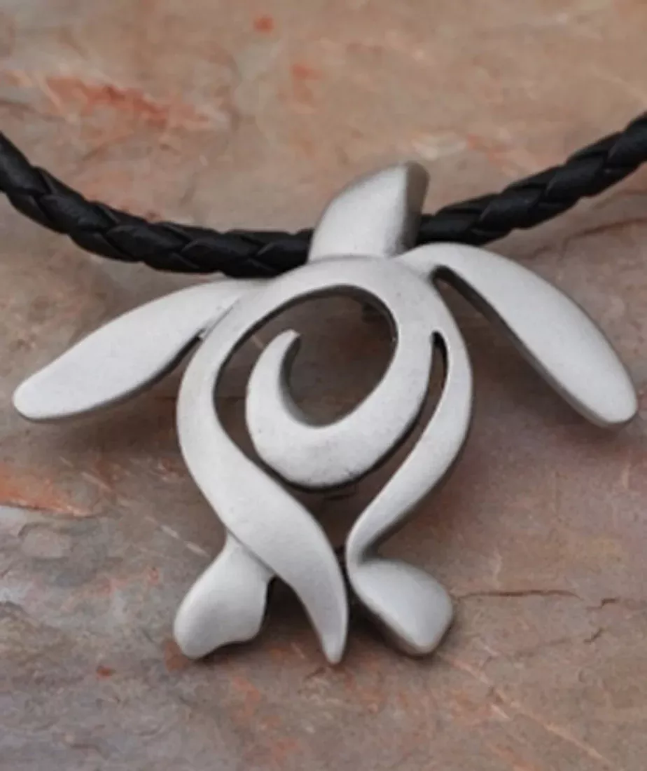 Big Blue Contemporary Pewter Turtle Pendant on 18in Black Br