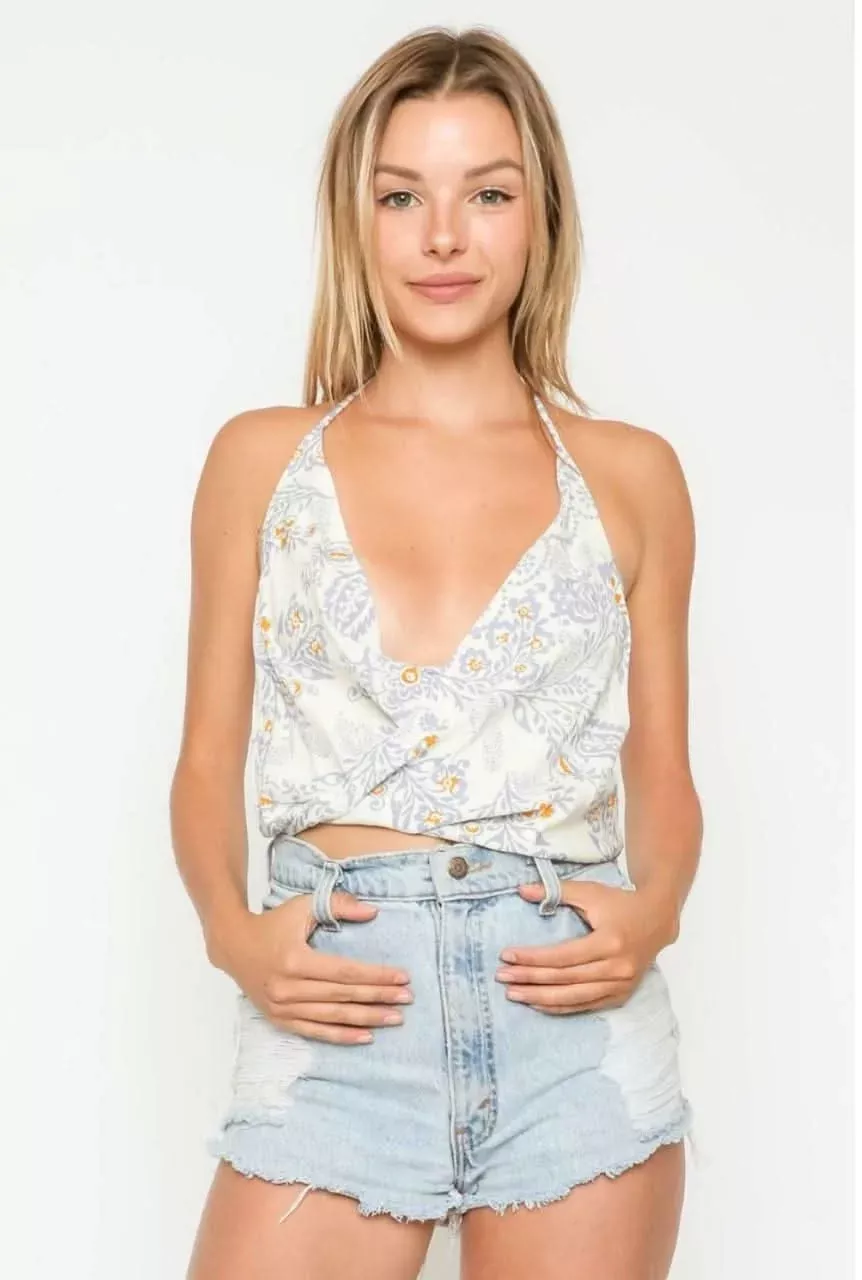 Billie Blue and White Paisley Print Halter Top | Boho Pink