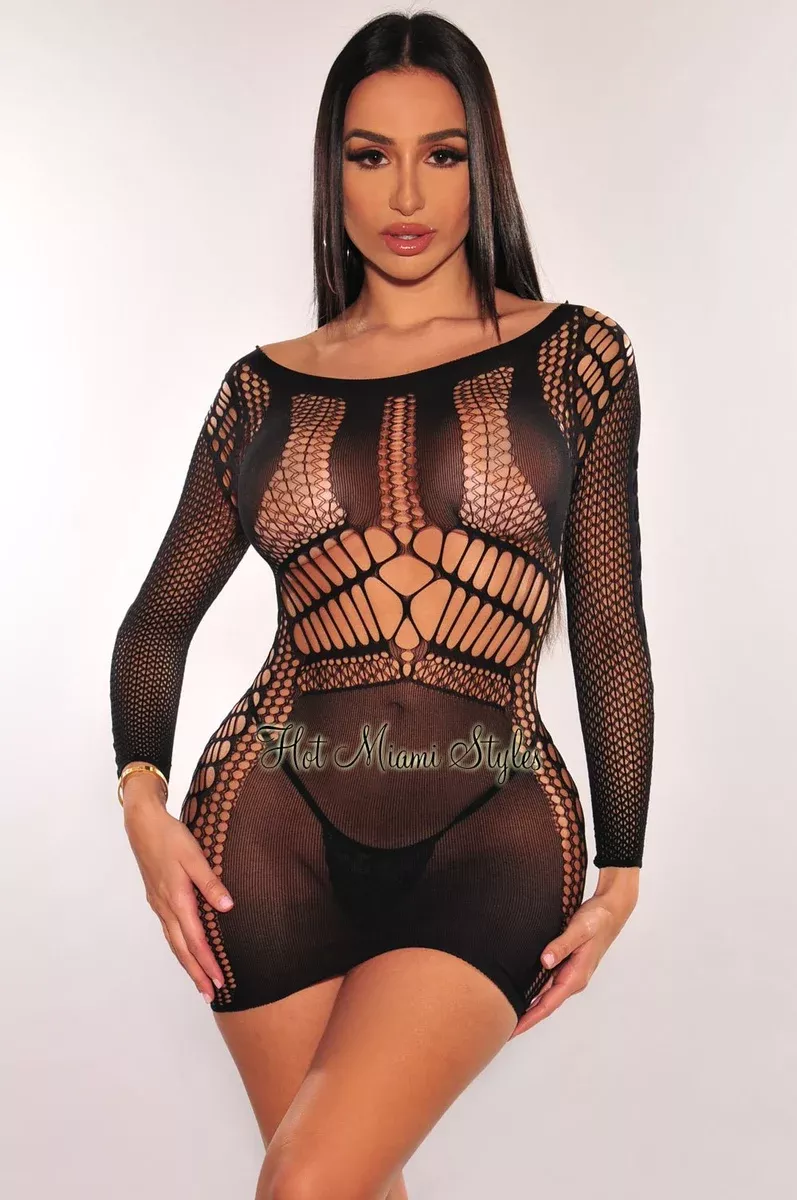 Black Cut Out Long Sleeve Chemise Mini Dress Lingerie