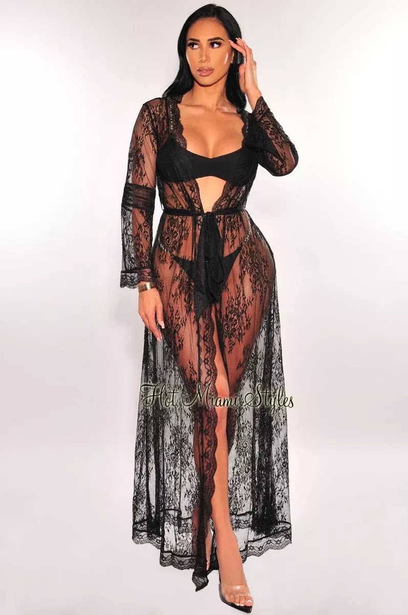 Black Floral Lace Crochet Sheer Tie Up Cover Up