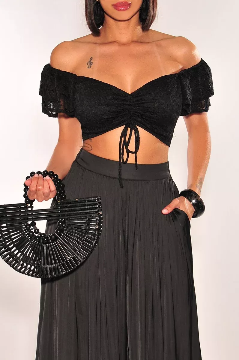 Black Floral Lace Ruffle Sleeve Tie Up Ruched Crop Top