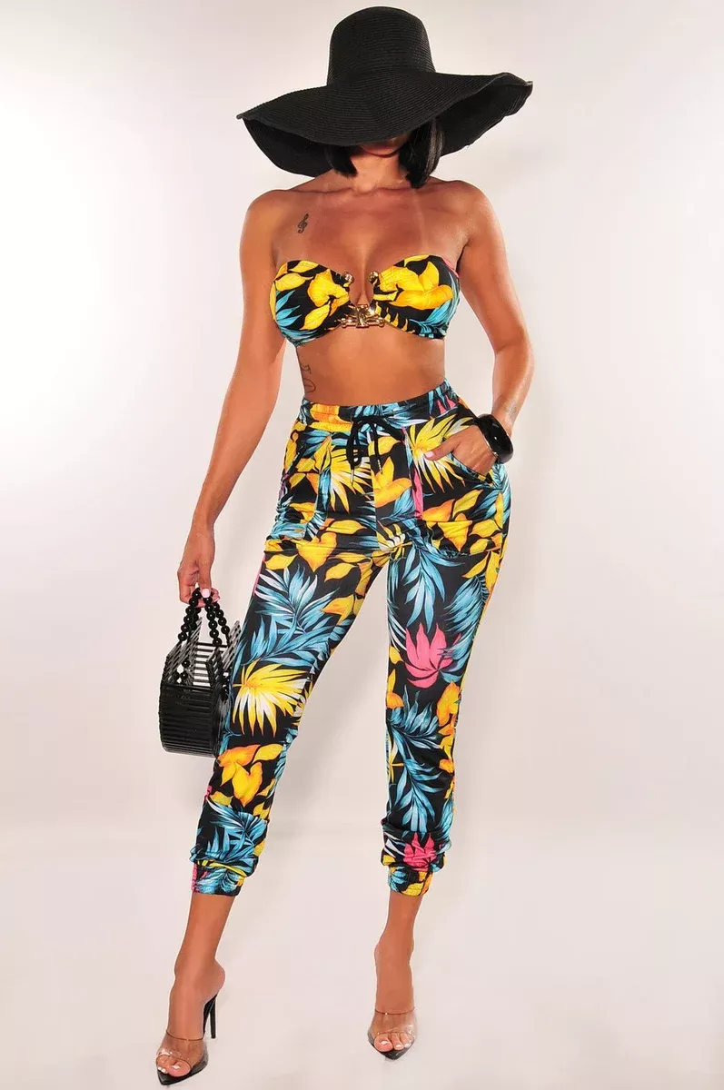 Black Floral Print High Waist Cargo Jogger Pants