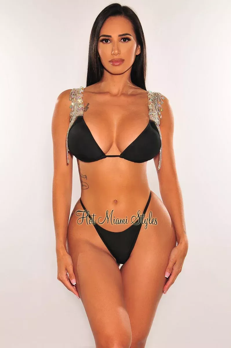 Black Flowing Rhinestones Straps Padded Scrunch Butt Bikini