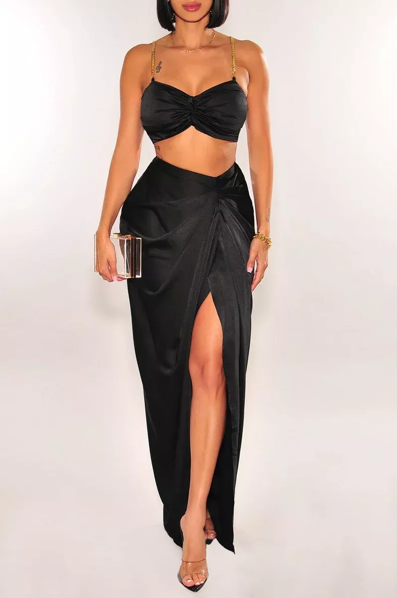 Black Gold Chain Padded Knotted Slit Skirt Two Piece Set