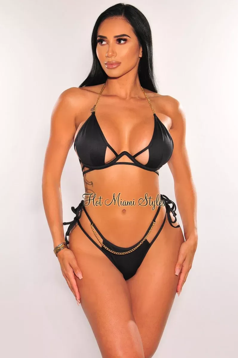 Black Gold Chain Underwire Strappy Tie Up Cut Out Bikini
