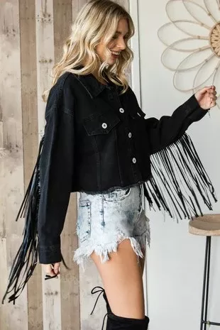 Black Jean Fringe Jacket
