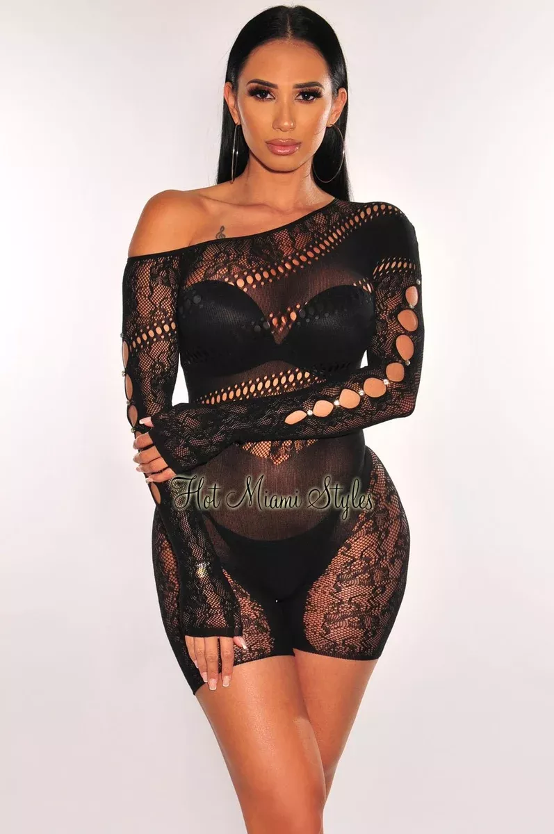 Black Lace Seamless Sheer One Shoulder Rhinestone Cut Out Romper