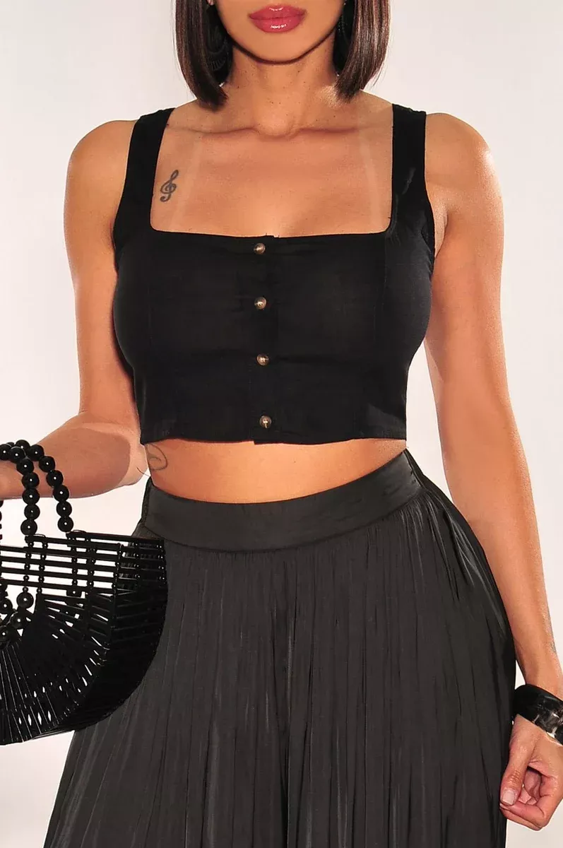 Black Linen Square Neck Sleeveless Button Up Crop Top