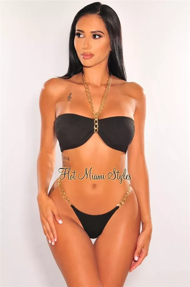 Black Ribbed Gold Chain Padded Thong Bikini