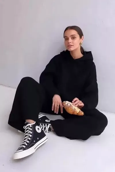 Black Ribbed Sweat Outfit