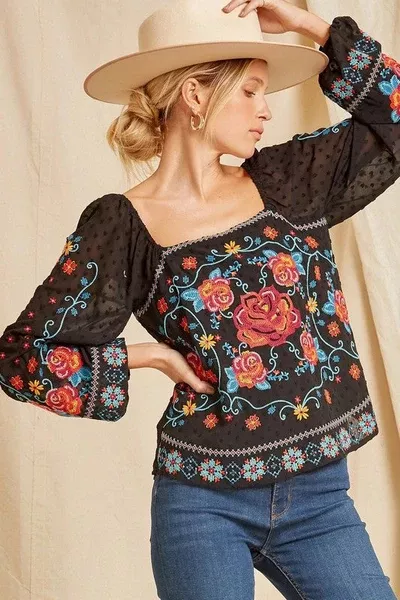 Black Rose Embroidered Crop Blouse