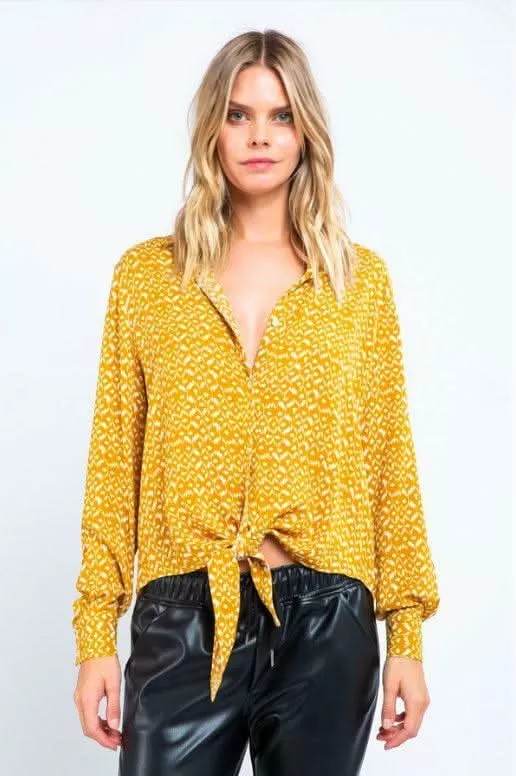 Blake Mustard Print Tie-Front Button-Up Top | Boho Pink