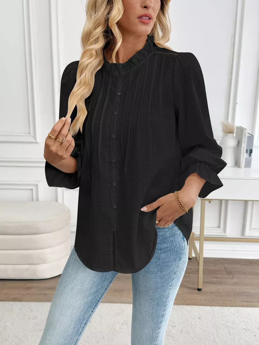 Blouse Eyelet Ruffle Collar Dressy Shirt