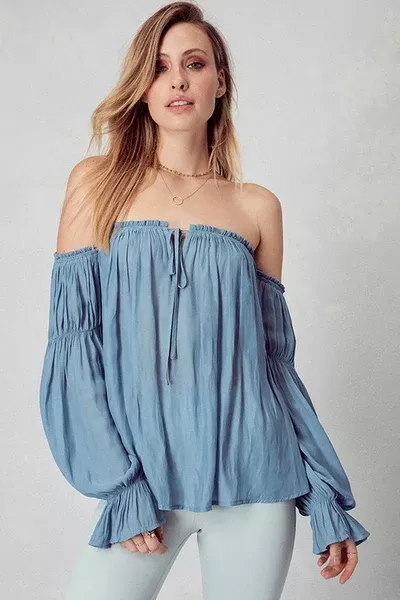 Blue Ruffled Open Shoulder Chiffon Blouse