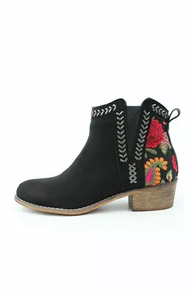 Bohemian Black Suede Embroidered Ankle Boots