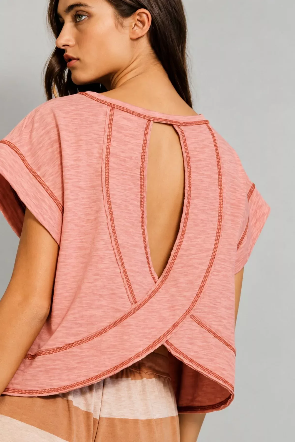 Bree Peach Open Back Tee | Boho Pink