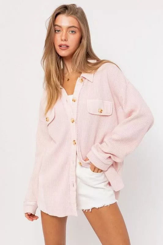 Brooke Pink Waffle Knit Shacket | Boho Pink