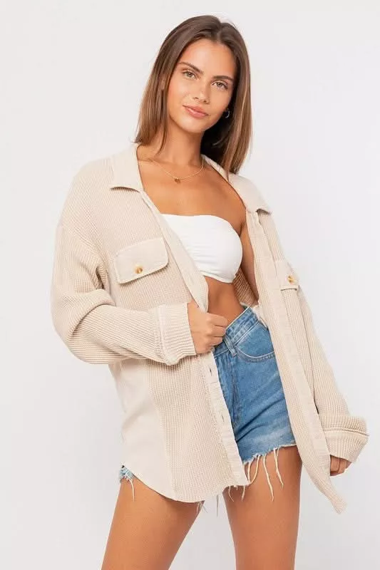 Brooke Taupe Waffle Knit Shacket | Boho Pink