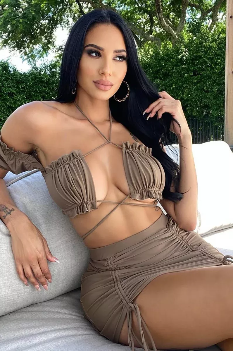 Brown Off Shoulder Frill Tie Up Ruched Skirt Two Piece Set