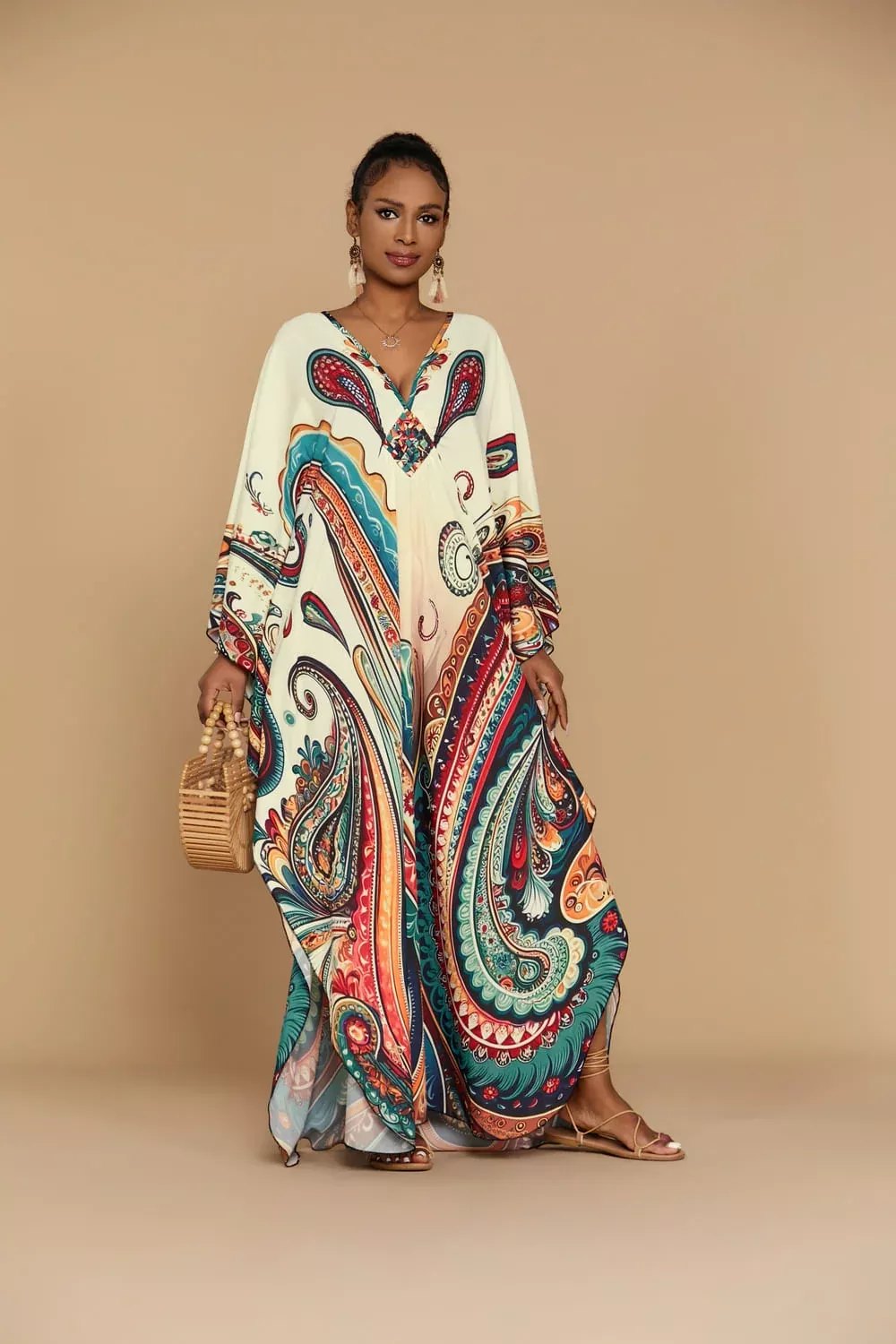 Bsubseach Ethnic Kaftan Dress Plus Size Beach Cover Up with Pockets