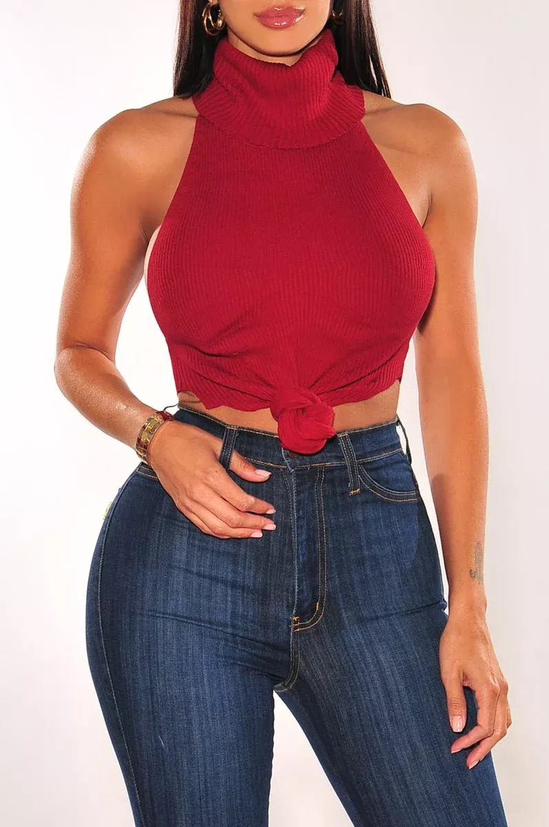 Burgundy Ribbed Knit Turtleneck Sleeveless Crop Top