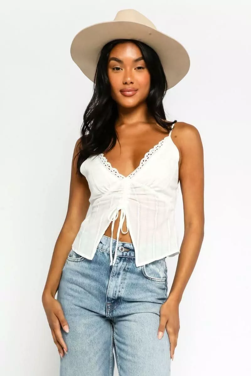 By The Prairie White Eyelet Drawstring Crop Top | Boho Pink