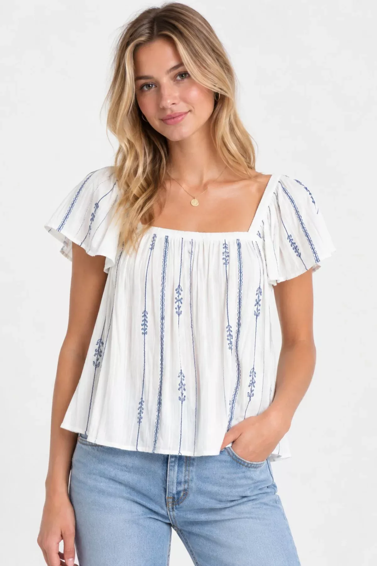 Cabo Skies White and Blue Embroidered Flowy Top | Boho Pink
