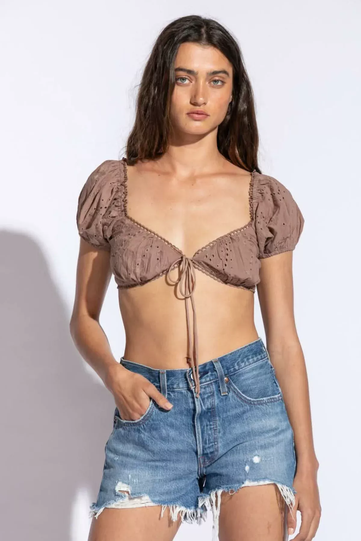 Candice Brown Eyelet Puff Sleeve Crop Top | Boho Pink
