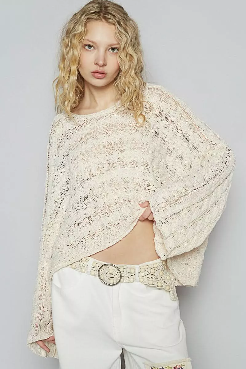 Carmen Cream Oversized Sheer Sweater | Boho Pink