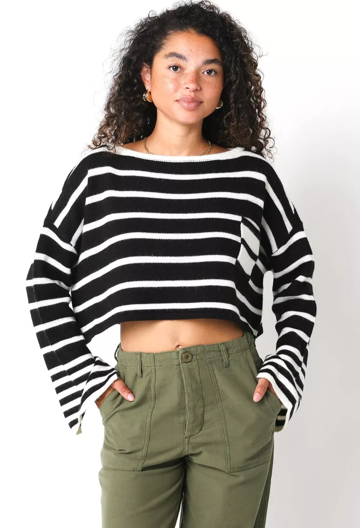 Carter Black Striped Cropped Sweater | Boho Pink
