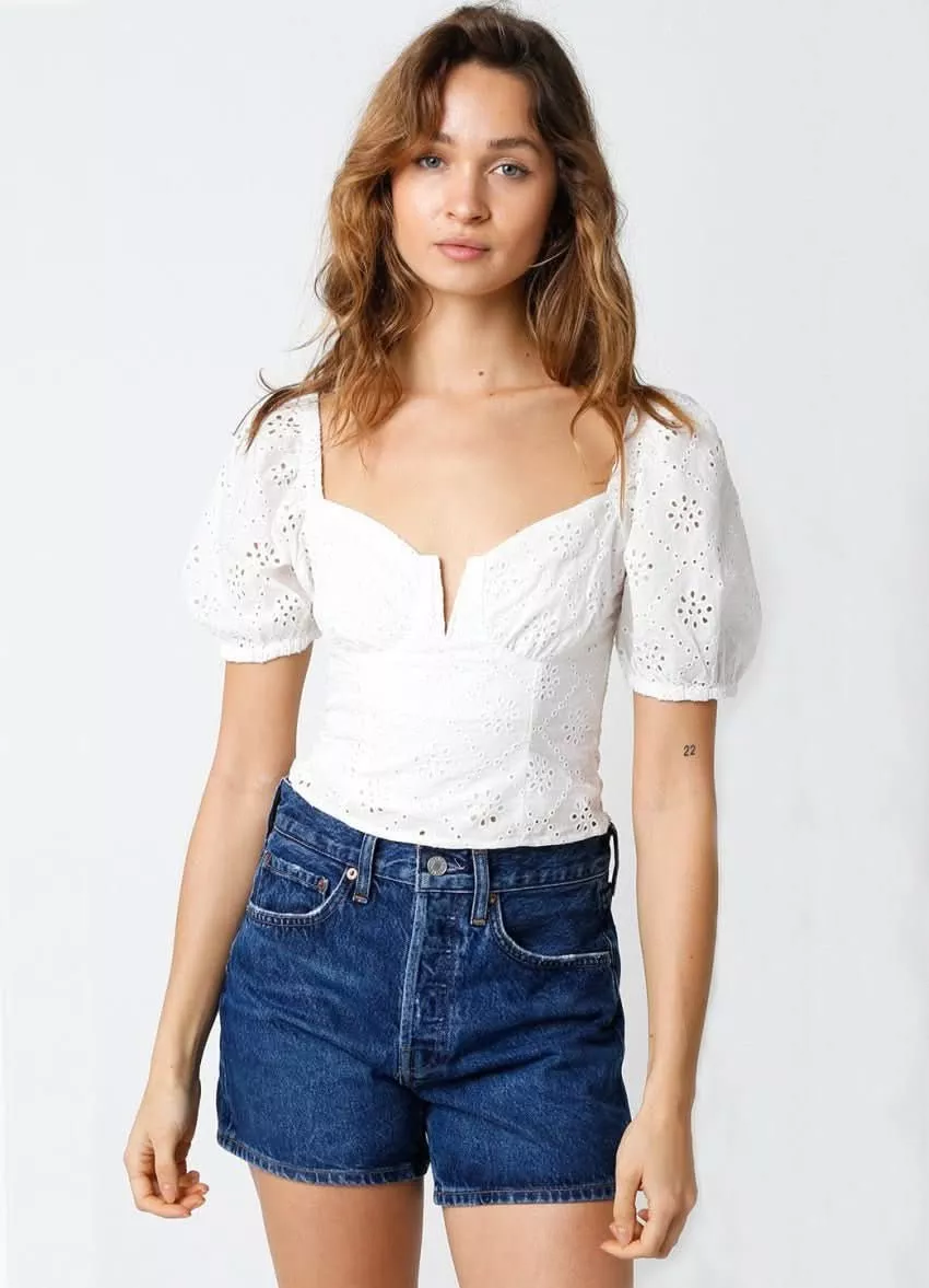 Carter White Eyelet Puff Sleeve Top | Boho Pink