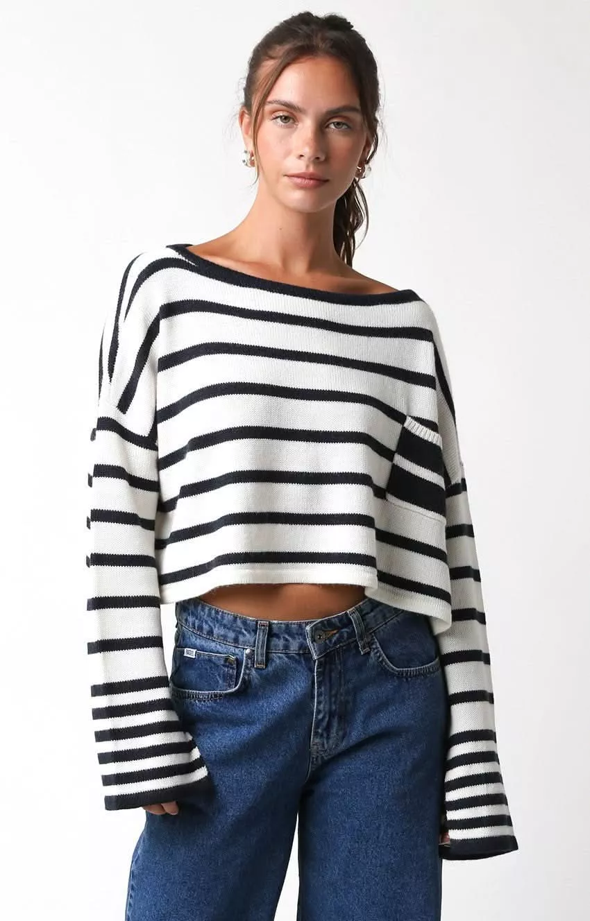 Carter White Striped Cropped Sweater | Boho Pink