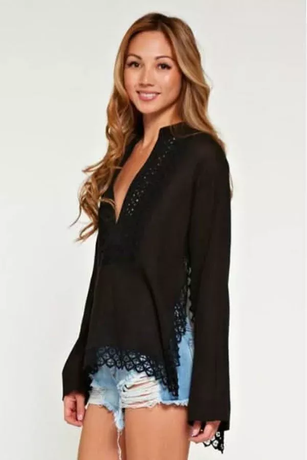 Cassandra Black Lace Bell Sleeve Top | Boho Pink